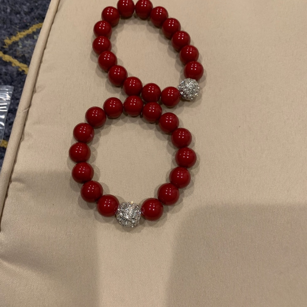 Stretch Bracelet Set of 2 w/ Rd. Red Beads & 1 Larger Rd. Rhinestone Filled Bead